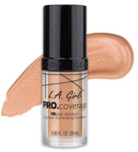 LA Girl Pro Coverage Foundation in Porcelain, a lightweight, full coverage liquid foundation for a flawless, hydrating finish.