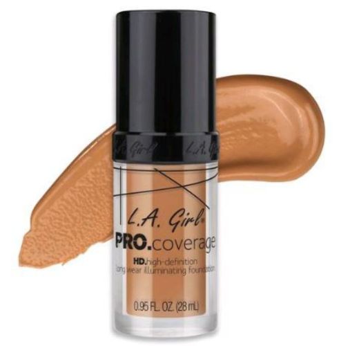 LA Girl Pro Coverage Foundation in Soft Honey, a lightweight, full-coverage liquid foundation for a radiant complexion.