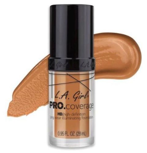 LA Girl Pro Coverage Foundation in Tan, lightweight full coverage for a radiant complexion, customizable shade with white mixer.