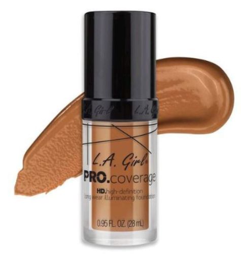 LA Girl Pro Coverage Foundation in Warm Caramel offers full coverage for a radiant, flawless complexion, suitable for medium to dark skin tones.