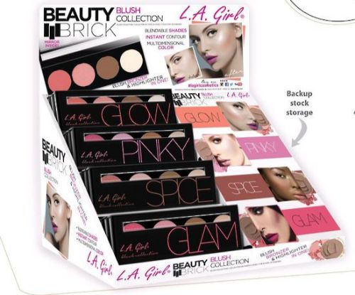 LA Girl Beauty Brick Blush - Pinky features four blendable blush shades, bronzer, and highlighter in glossy packaging with a mirror.