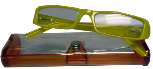 Stylish yellow reading glasses in a protective case, providing +1.00 magnification for comfortable reading and close-up tasks.
