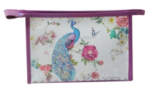Chic peacock feather cosmetic bag, perfect for organizing makeup and toiletries while traveling.