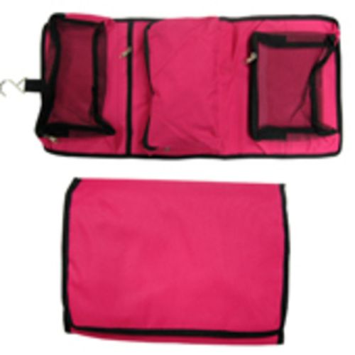 Chic pink cosmetic bag with ample space, sturdy hook for hanging, perfect for organizing beauty essentials on-the-go.