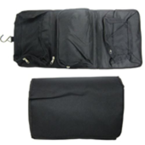 Sleek black cosmetic bag with multiple compartments for organized makeup storage, perfect for travel or everyday use.