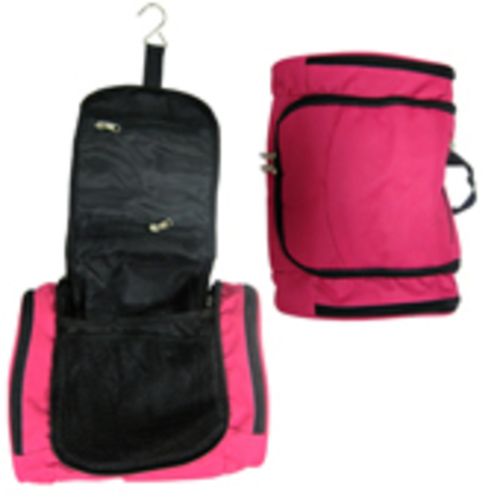 Stylish pink cylindrical cosmetic bag with compartments for organized travel beauty essentials.