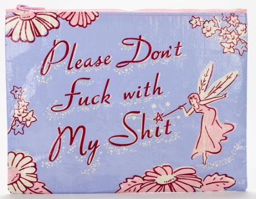 Eco-friendly zipper pouch with bold text, whimsical design, and spacious interior for securing personal items.