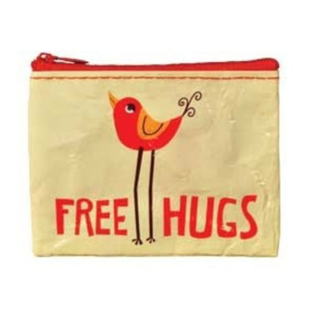 Eco-friendly coin purse with 'Free Hugs' text, made from 95% recycled materials, compact and stylish design.