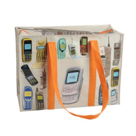 Eco-friendly shoulder tote bag with spacious pocket for cellphone and essentials, featuring comfortable straps.