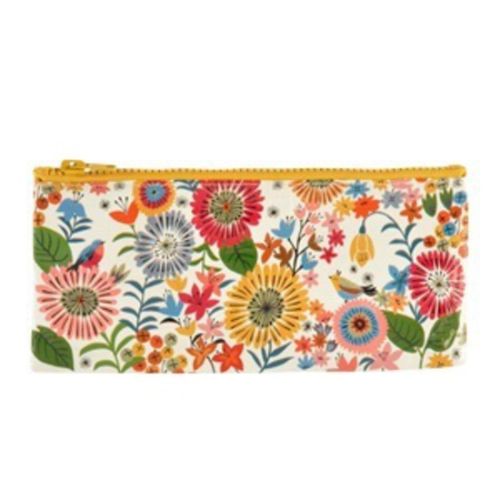 Colorful pencil case featuring a floral pattern, made from recycled materials, perfect for organizing small items.
