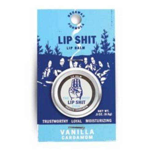 Lip Shit Vanilla Cardamom lip balm, featuring sweet vanilla and spicy cardamom for hydrated, soft lips.