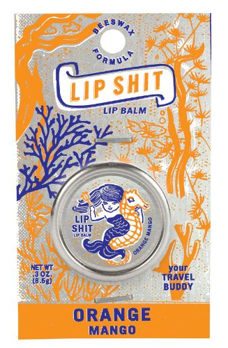Lip Shit - Orange Mango lip balm tube featuring tropical orange and mango flavor for hydration and nourishment.