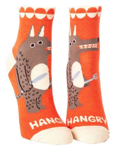 Playful blue ankle socks with a growling character and dull knives, perfect for women's shoe sizes 5-10.