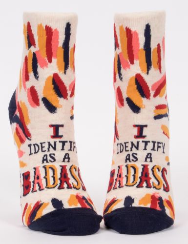 Bold ankle socks with 'I Identify As A Badass' slogan, perfect for women's shoe sizes 5-10, blending style and comfort.