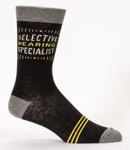 Quirky men's socks with 'Selective Hearing Specialist' design, perfect blend of comfort and humor for sizes 7-12.