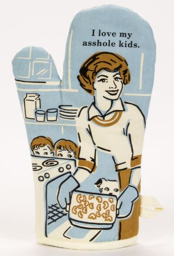 Colorful oven mitt with humorous text 'Love My Asshole Kids', perfect for cooking and adding fun to your kitchen decor.