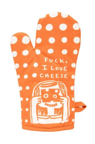 Oven mitt featuring 'Fuck, I Love Cheese' design, made from 100% cotton for heat protection and comfort.