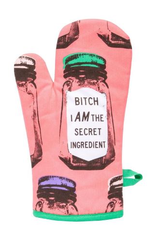 Stylish Secret Ingredient oven mitt in premium cotton, featuring heat-resistant technology for safe and comfortable cooking.