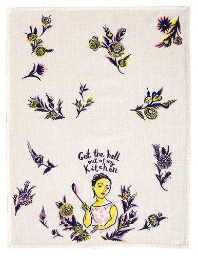 Vibrant 'Get The Hell Out' dish towels in unbleached cotton, perfect for drying dishes with a cheeky design.