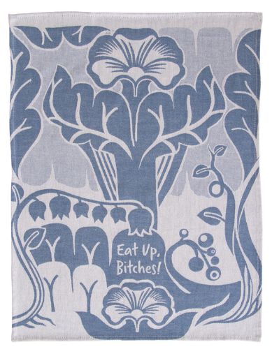 Vibrant 'Eat Up Bitches' dish towel in unbleached cotton, featuring jacquard artwork; functional and humorous kitchen accessory.