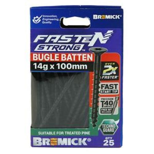 Fasten Strong Bugle Head Batten Screw 14g 100mm Black T40 inc. Driver Bit 25pk