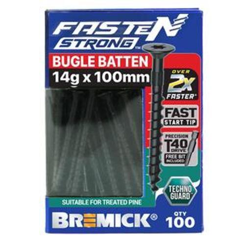 Fasten Strong Bugle Head Batten Screw 14g 100mm Black T40 inc. Driver Bit 100pk