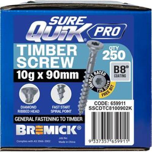 SureQuik Pro Wood Screw - Bremick 10G 90mm B8 T25 250 Packet