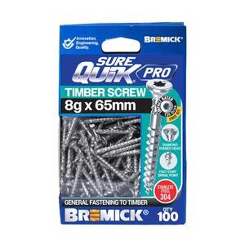 SureQuik Pro Wood Screw - Bremick 8G 65mm SS T304 T20 100 Packet