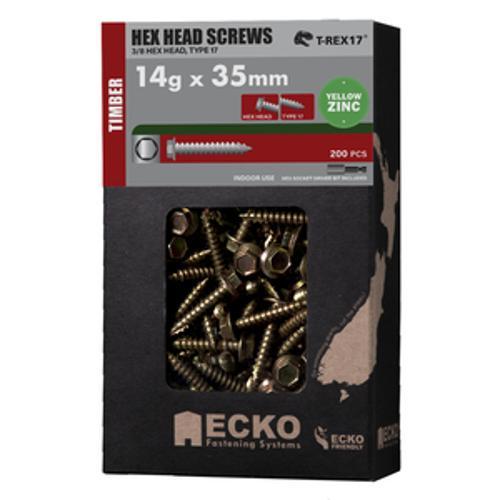 Screw Yellow Zinc T17 Hex Head - Ecko 14g x 35mm 200 Pack