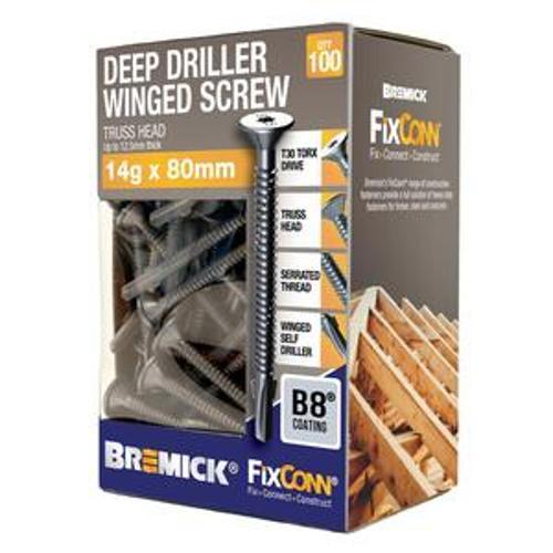 FixConn Winged Deep Driller Metal Screw - Bremick 14g x 80mm 100 Pack