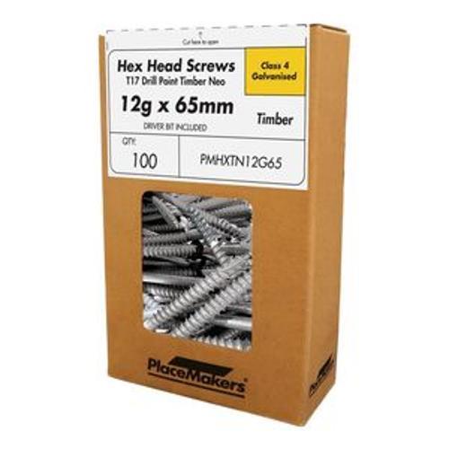 Hex Head T17 Screw Galv CL4 Neo Washer - PlaceMakers 12g 65mm 100 Pack
