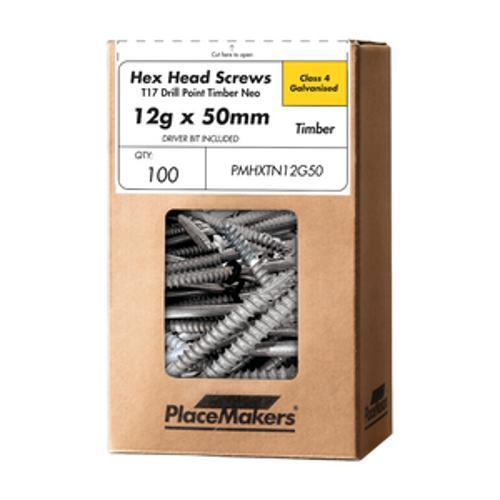 Hex Head T17 Screw Galv CL4 Neo Washer - PlaceMakers 12g 50mm 100 Pack