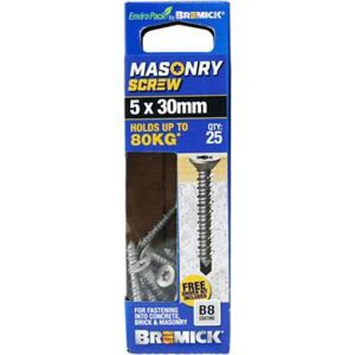 Masonry Screw Countersunk Head B8 T25 5 x - Bremick 30mm 25 Box