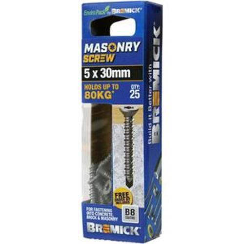 Masonry Screw Countersunk Head B8 T25 5 x - Bremick 30mm 25 Box