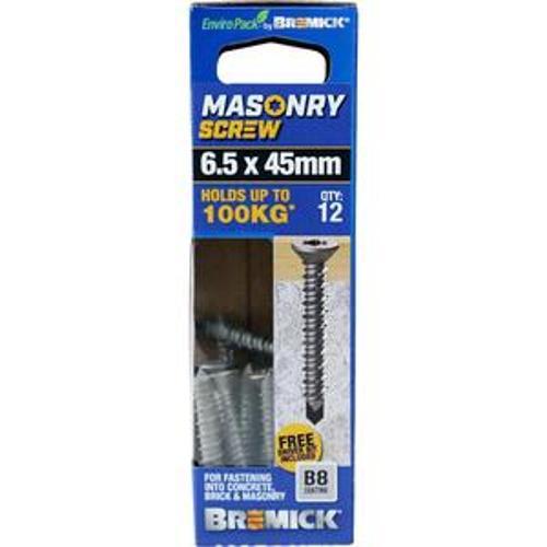 Masonry Screw Countersunk Head B8 T30 6.5 x - Bremick 45mm 12 Box