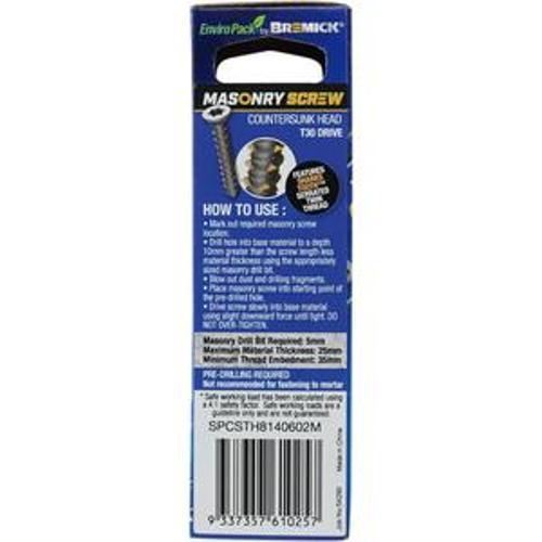 Masonry Screw Countersunk Head B8 T30 6.5 x - Bremick 60mm 12 Box