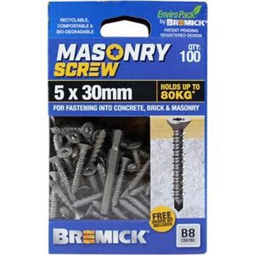 Masonry Screw Countersunk Head B8 T25 5 x - Bremick 30mm 100 Box
