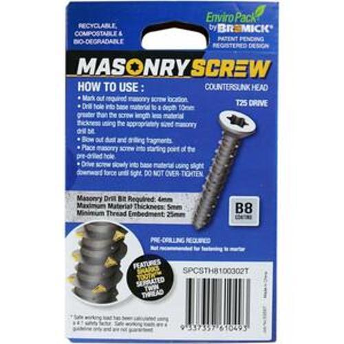 Masonry Screw Countersunk Head B8 T25 5 x - Bremick 30mm 100 Box