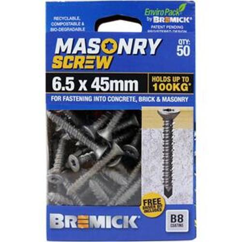 Masonry Screw Countersunk Head B8 T30 6.5 x - Bremick 45mm 50 Box