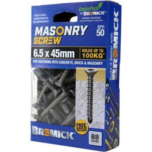 Masonry Screw Countersunk Head B8 T30 6.5 x - Bremick 45mm 50 Box