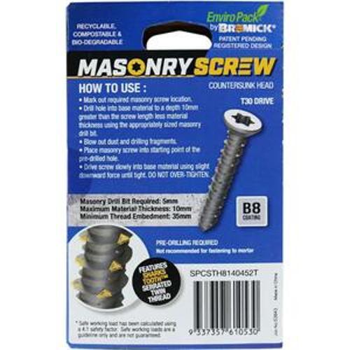 Masonry Screw Countersunk Head B8 T30 6.5 x - Bremick 45mm 50 Box