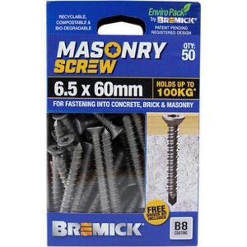 Masonry Screw Countersunk Head B8 T30 6.5 x - Bremick 60mm 50 Box