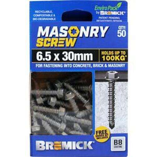 Masonry Screw HEX Head B8 T25 6.5 x - Bremick 30mm 50 Box