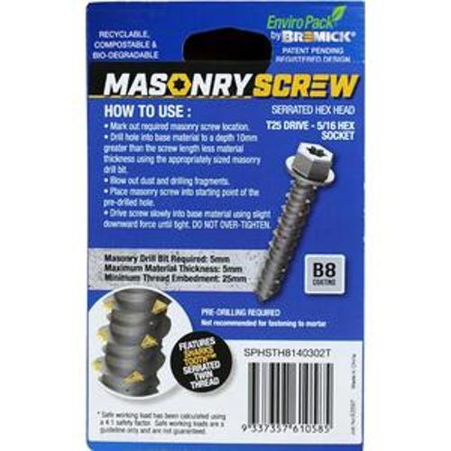 Masonry Screw HEX Head B8 T25 6.5 x - Bremick 30mm 50 Box