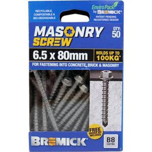 Masonry Screw HEX Head B8 T25 6.5 x - Bremick 80mm 50 Box