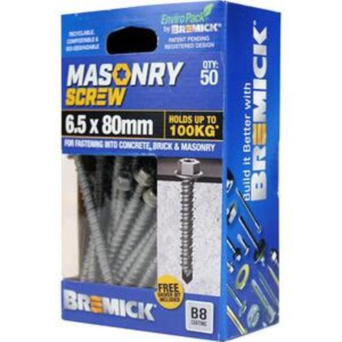 Masonry Screw HEX Head B8 T25 6.5 x - Bremick 80mm 50 Box