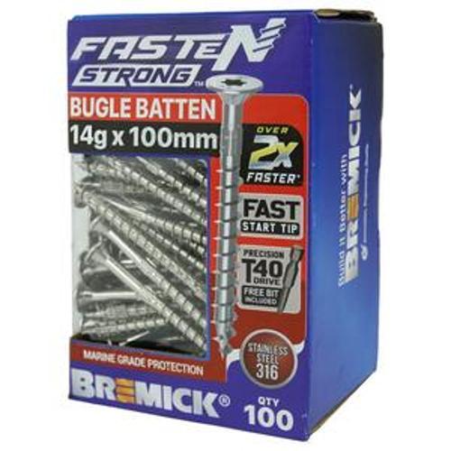 Fasten Strong Bugle Batten Screw Stainless Steel 316 T40 14g 100mm 100 Box