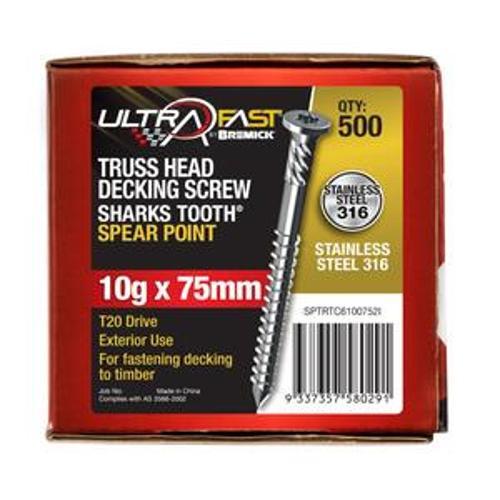 UltraFast Decking Screw T316 Spear Point Truss Head 10G 75mm T20 500 Pack