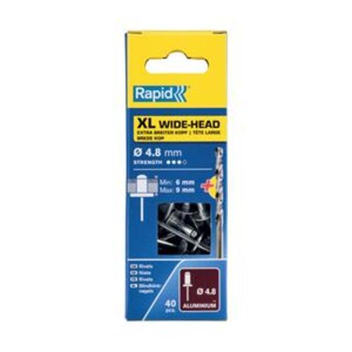 Rivets 4.8 x 12mm Aluminium XL Wide Head and Drill 40 Piece - RAPID