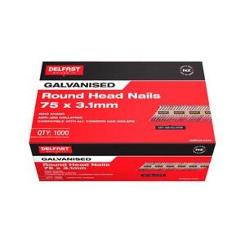 Roundhead Gasless Nails - Delfast 75mm Ring Galvanised 1000 Box FN-RD75RG
